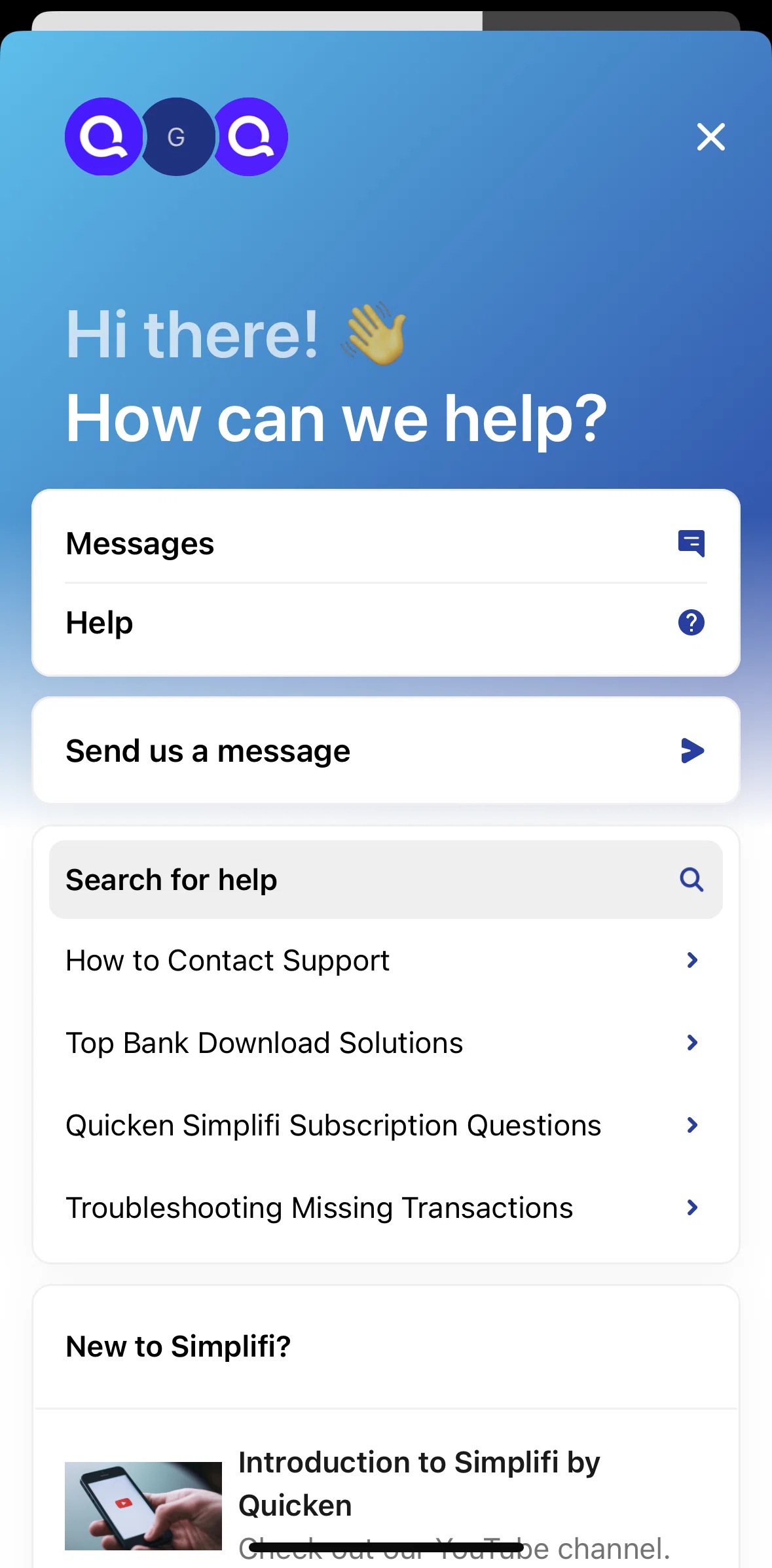 Quicken Screen screen in the Sending a message flow