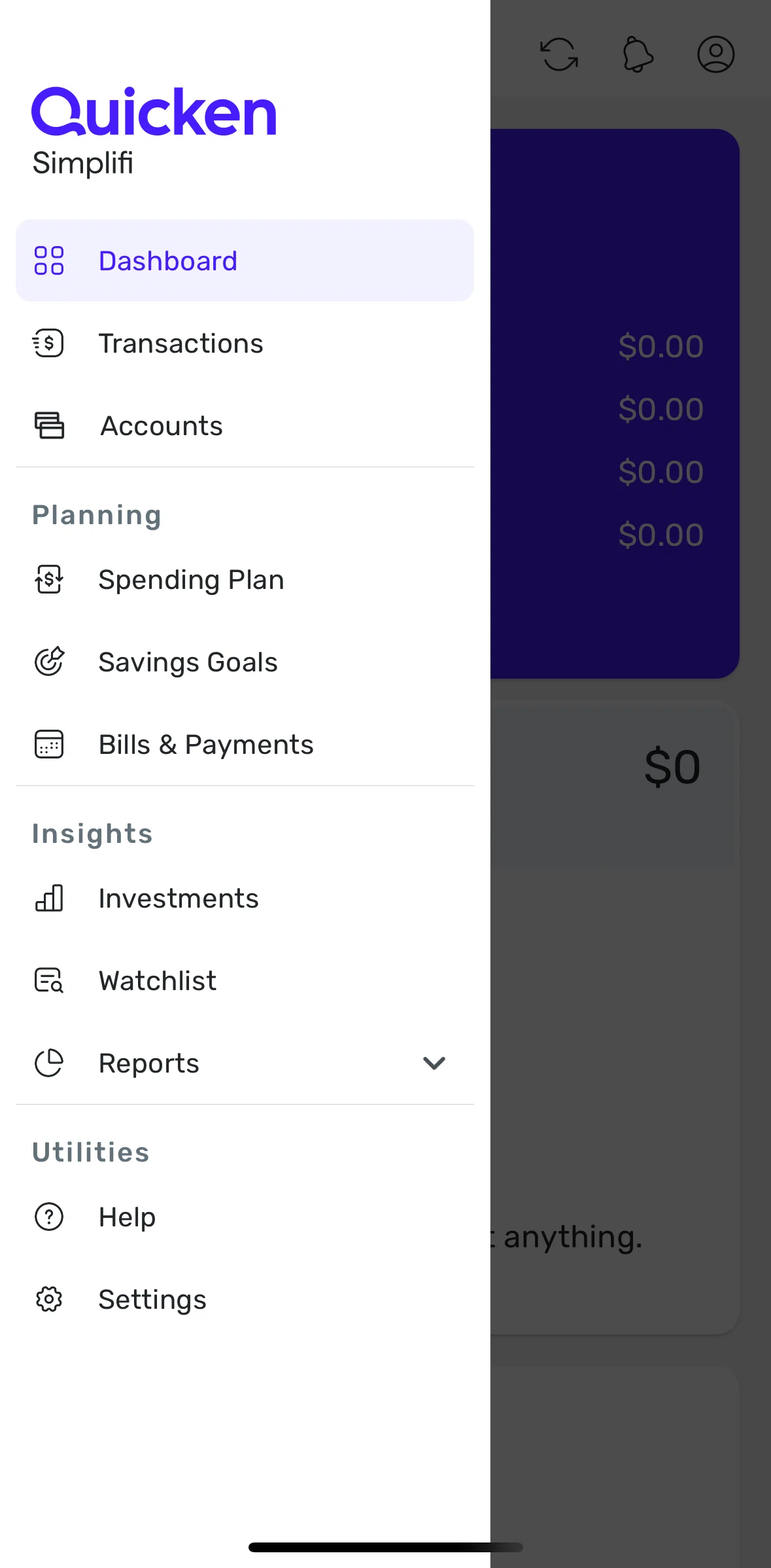 Quicken Screen screen in the Spending plan flow