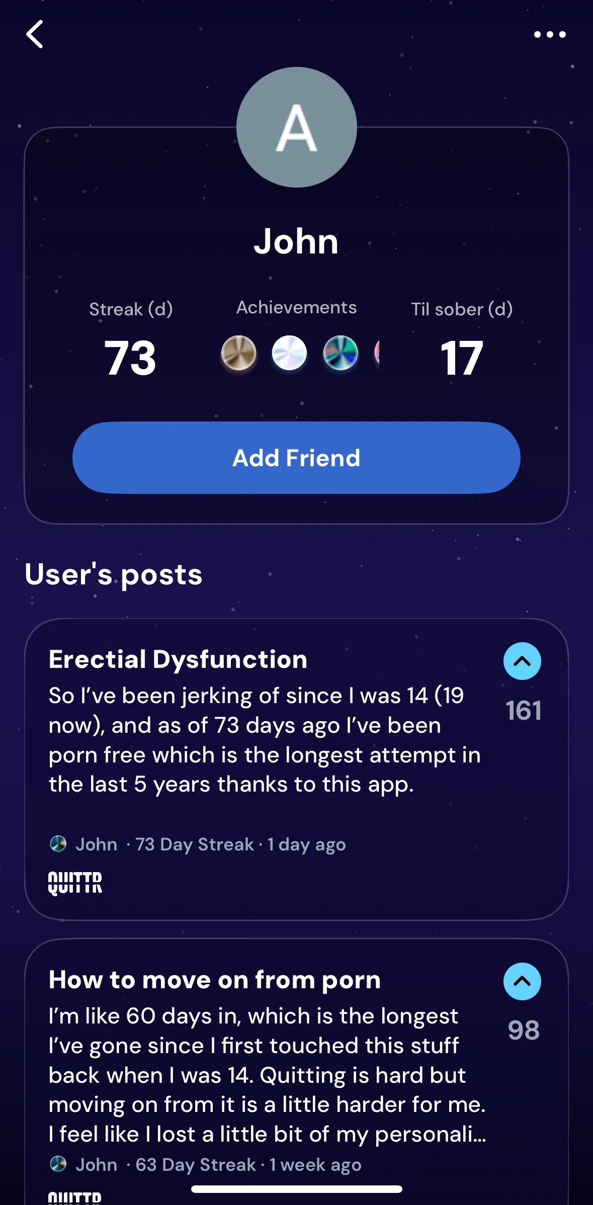 QUITTR Screen screen in the Add a friend flow