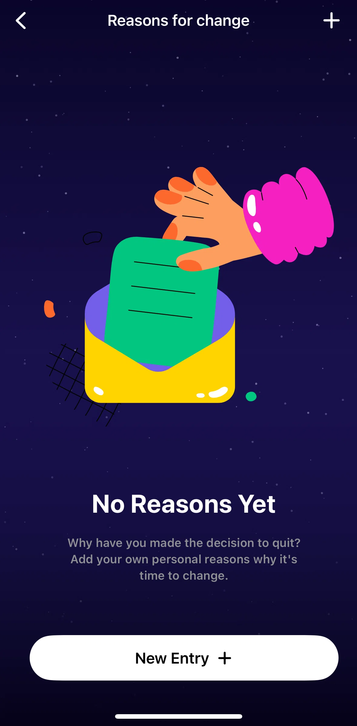 QUITTR Screen screen in the Adding a reason to change flow
