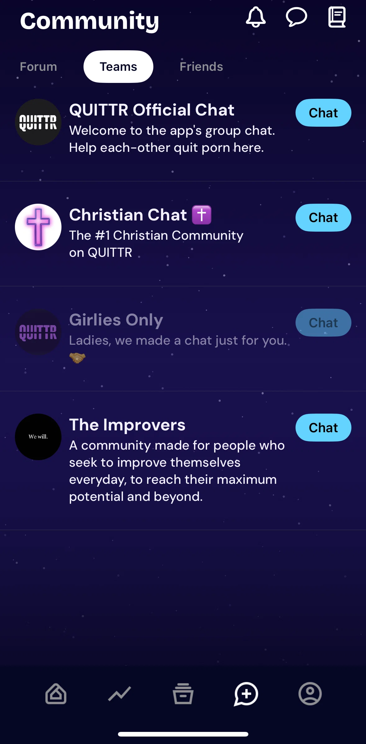 QUITTR Screen screen in the Chat room flow