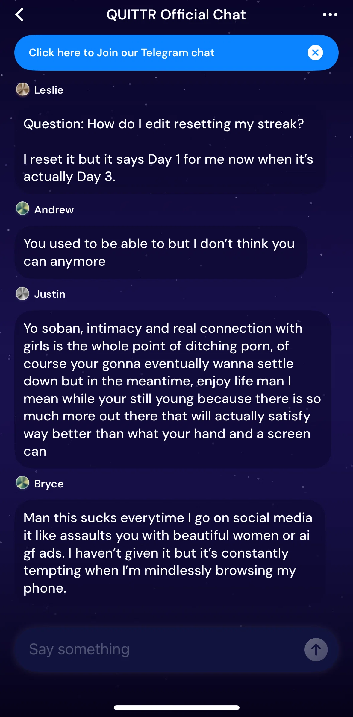 QUITTR Screen screen in the Chatting with community flow