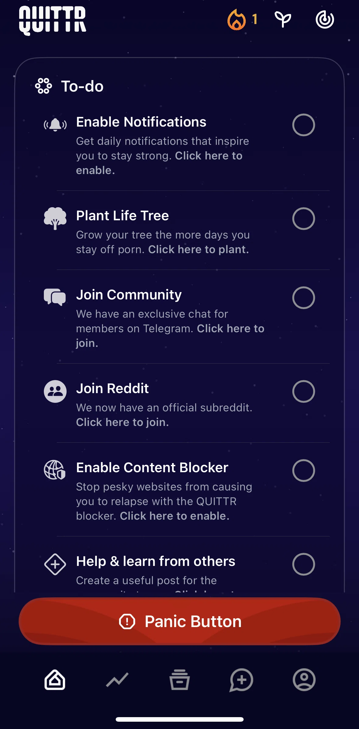 QUITTR Screen screen in the Checking off to-do items flow