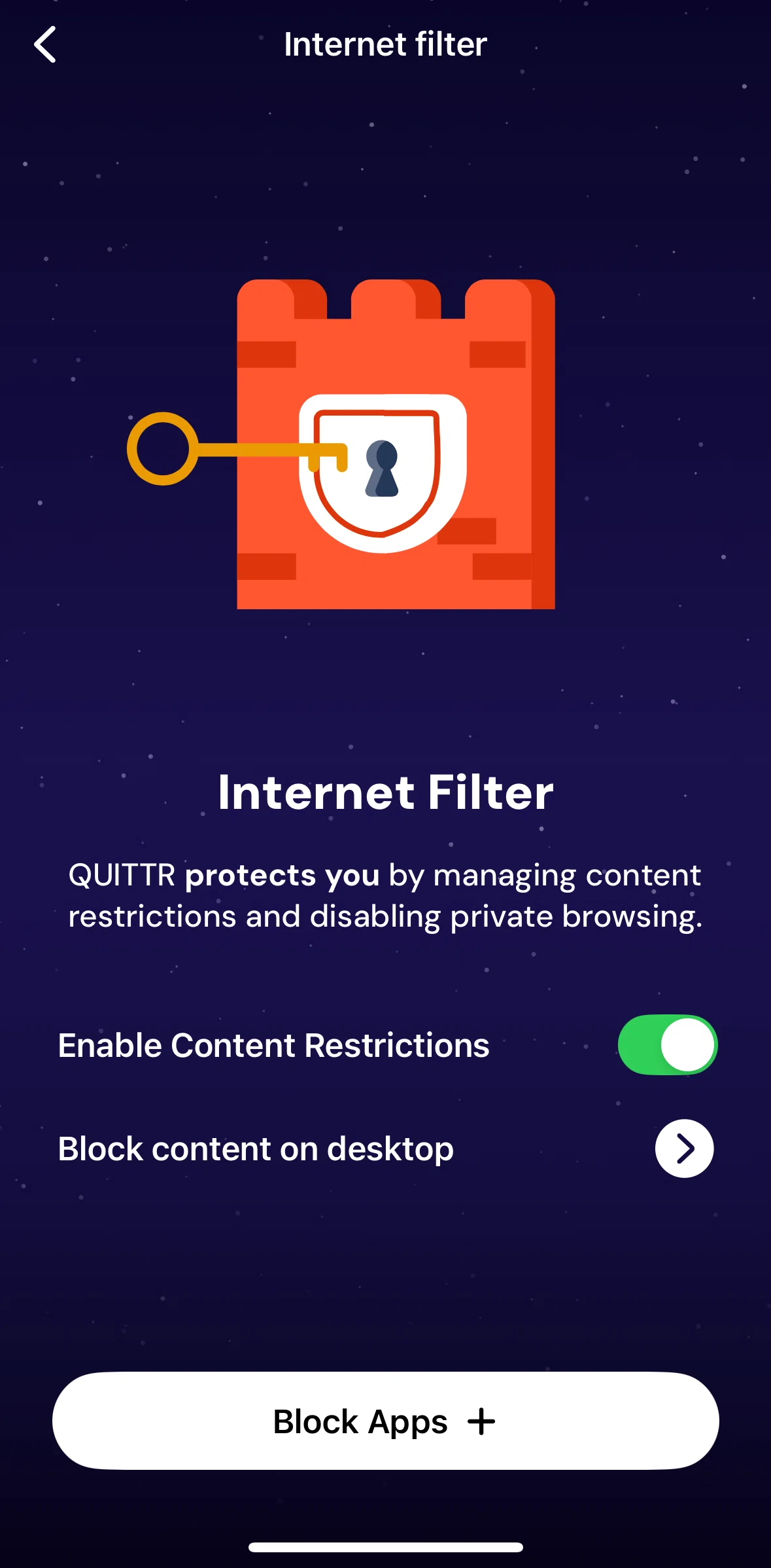 QUITTR Screen screen in the Disable content restrictions flow