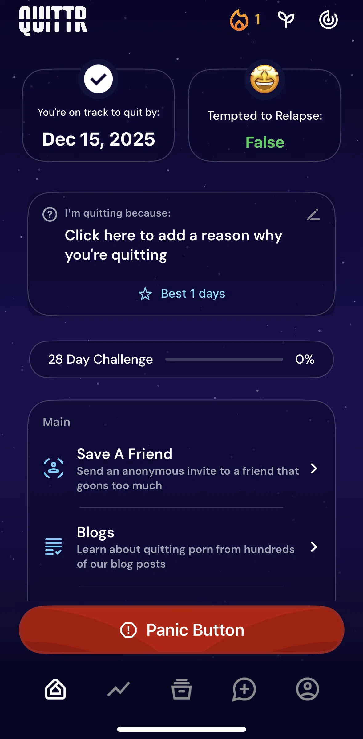 QUITTR Screen screen in the Joining a 28-day challenge flow