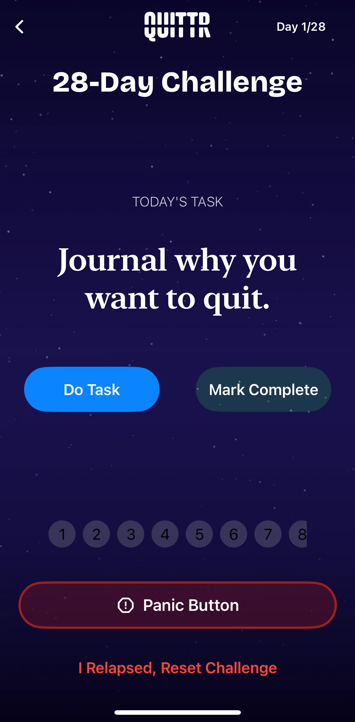 QUITTR Screen screen in the Marking a task as complete (28-day challenge) flow
