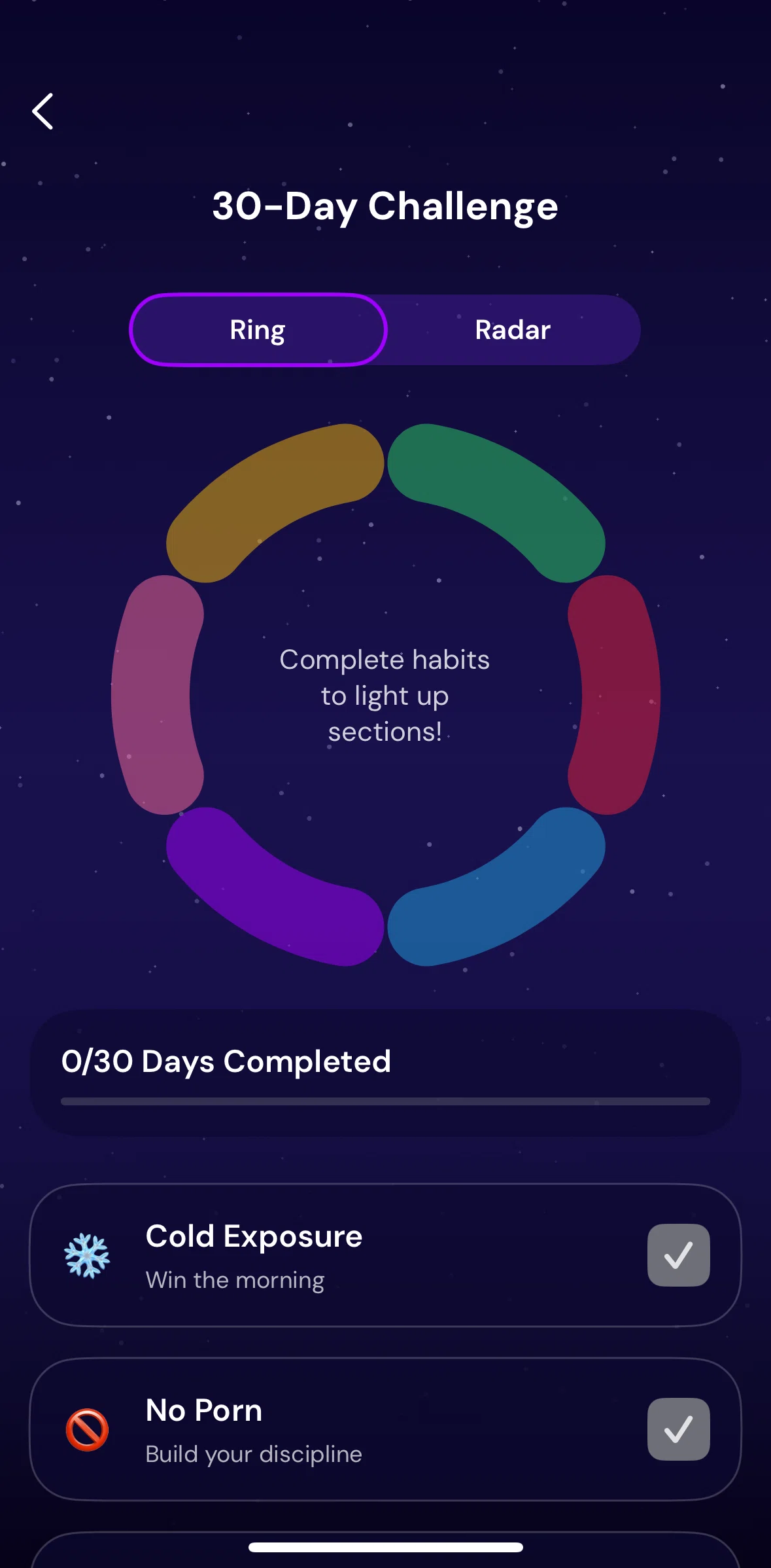 QUITTR Screen screen in the Marking a task as complete (30-day challenge) flow