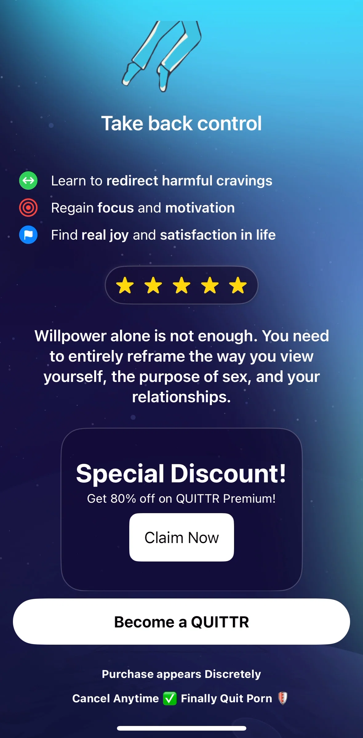QUITTR Screen screen in the One time offer flow