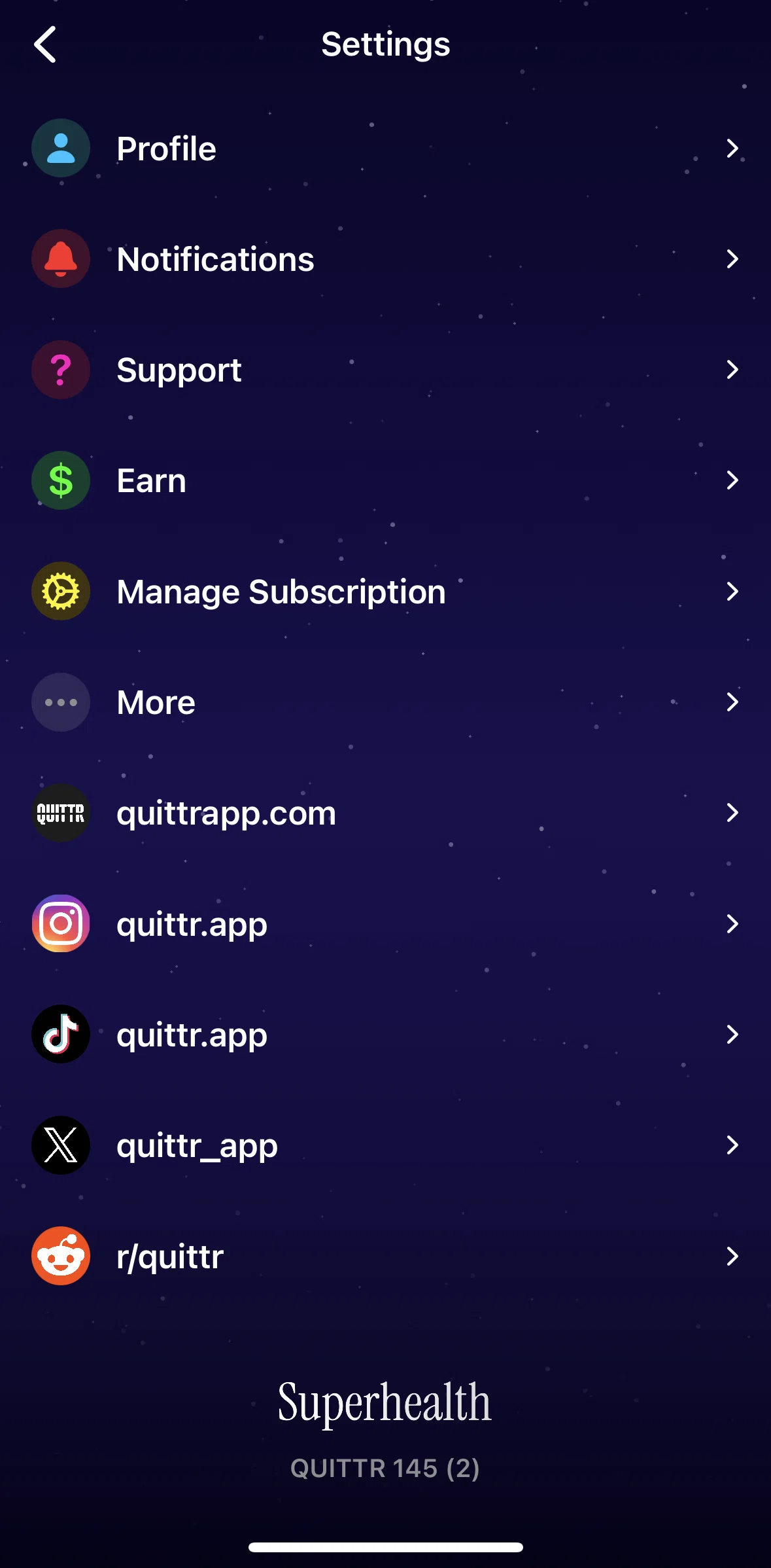 QUITTR Screen screen in the Profile (settings) flow