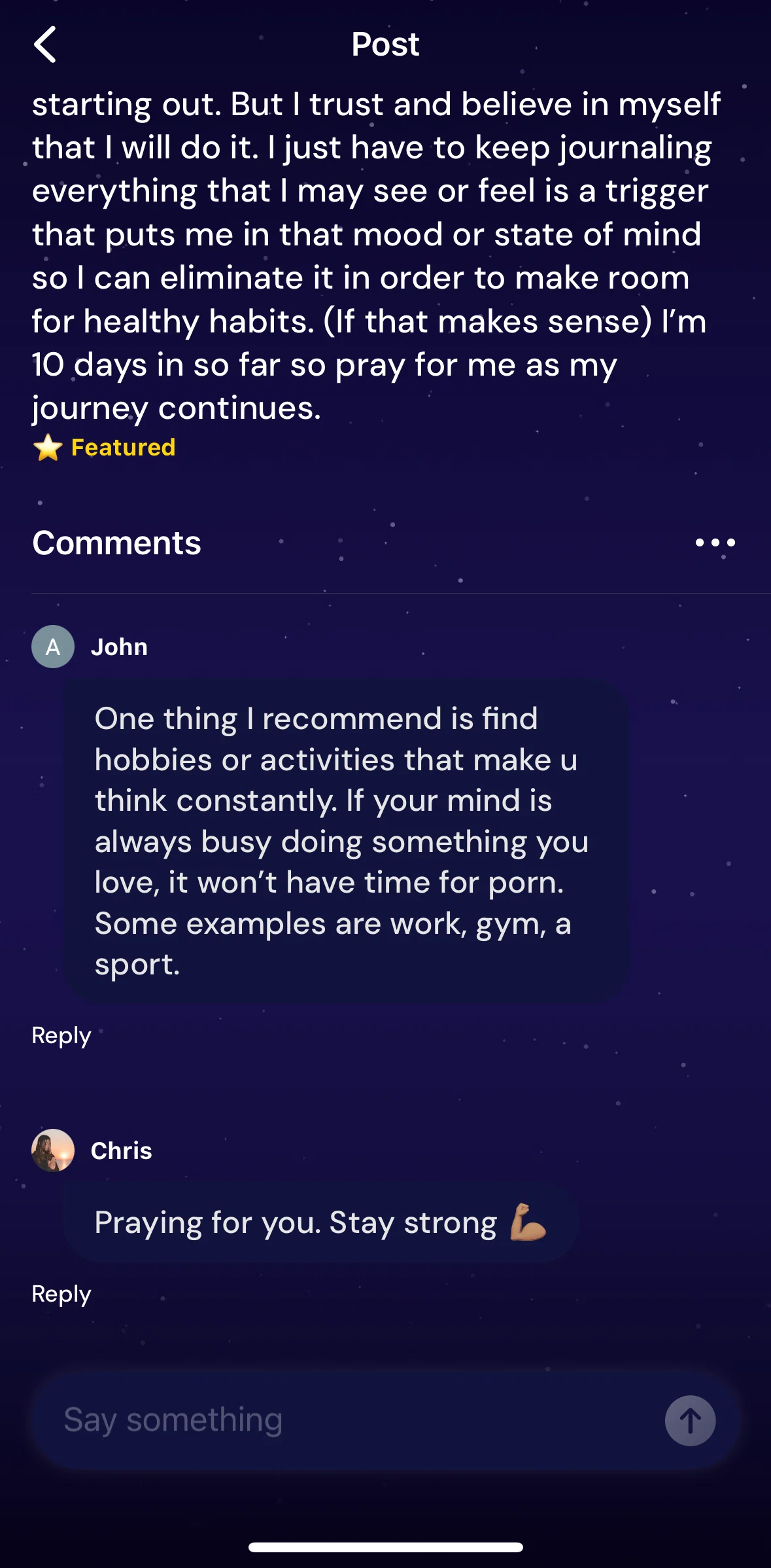 QUITTR Screen screen in the Replying to a comment flow