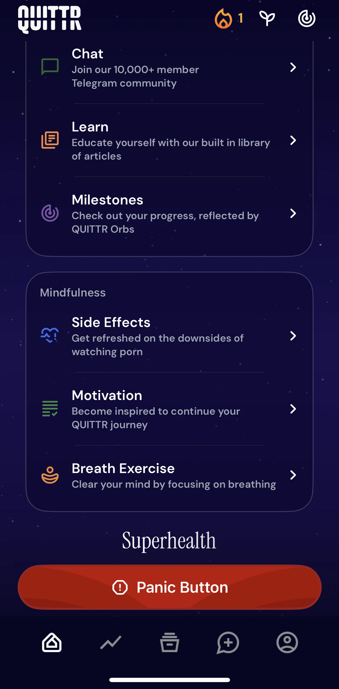 QUITTR Screen screen in the Side effects flow