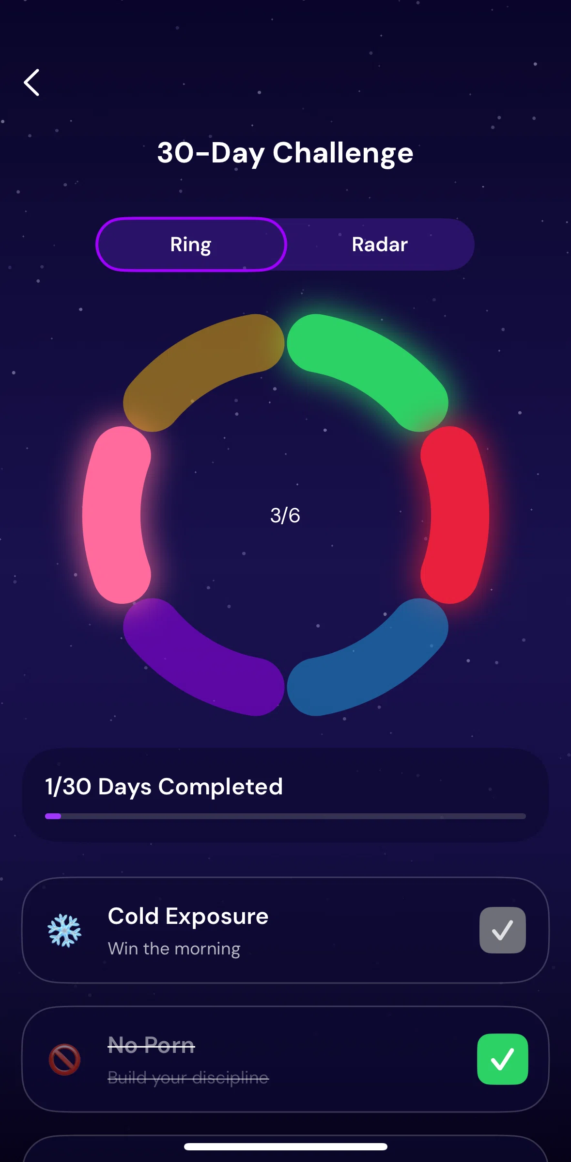 QUITTR Screen screen in the Switching to radar chart (30-day challenge) flow