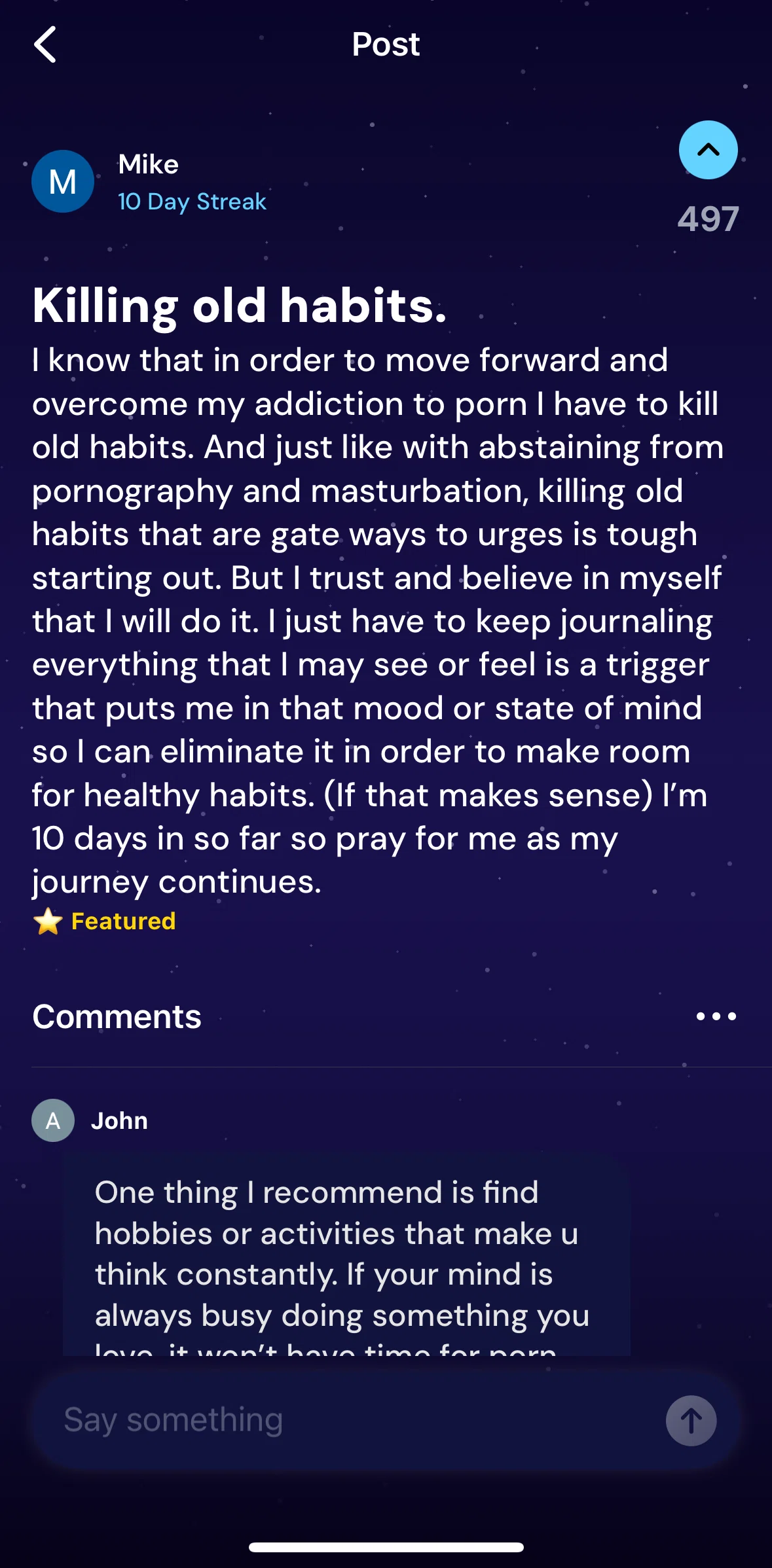 QUITTR Screen screen in the Upvoting a post flow