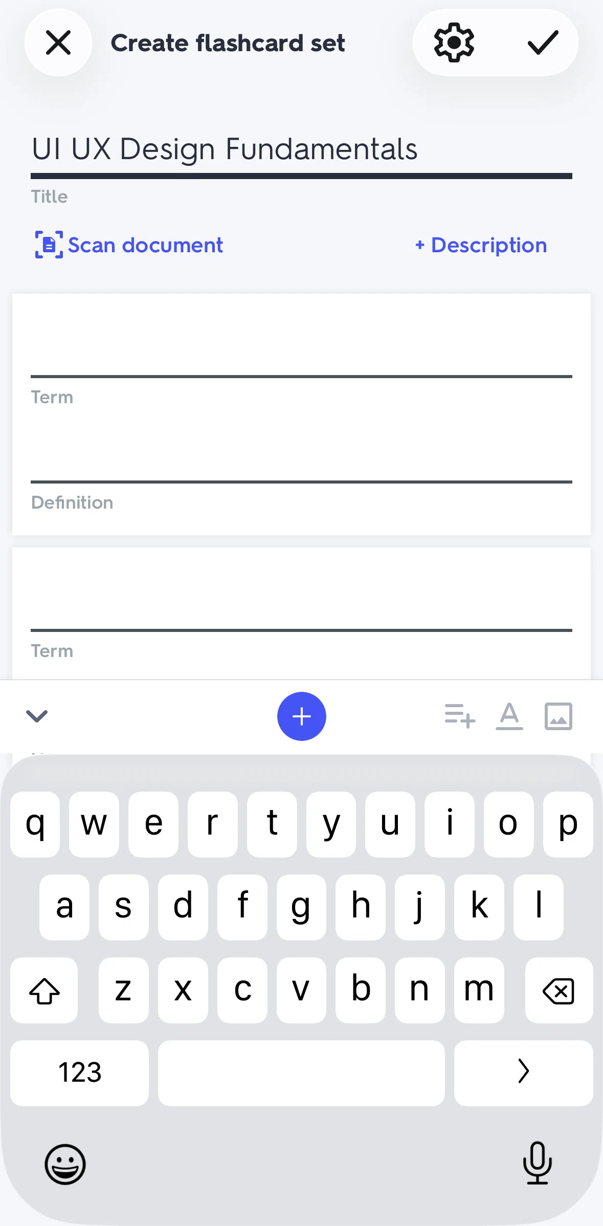 Quizlet Screen screen in the Adding a description flow
