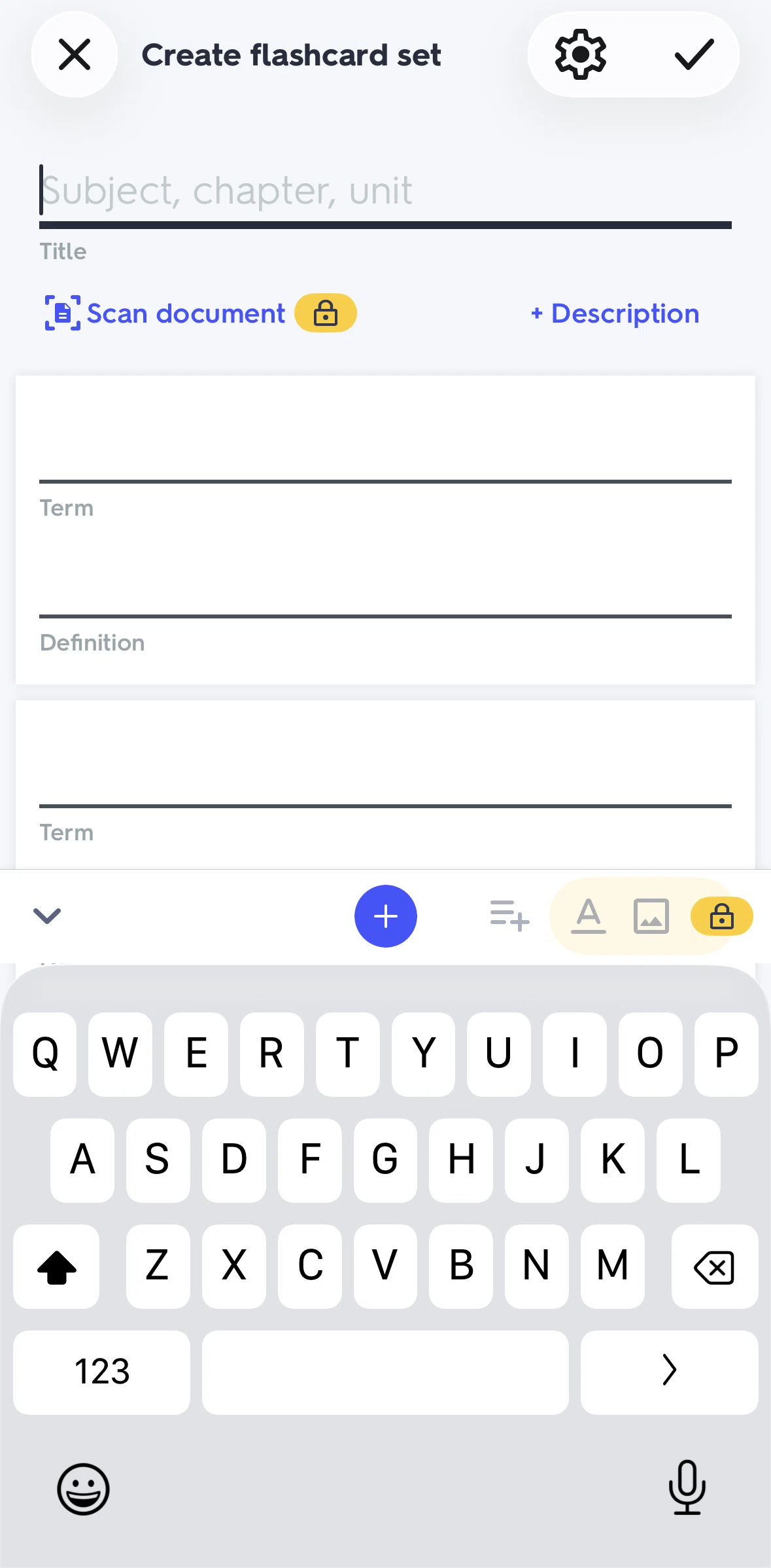 Quizlet Screen screen in the Adding a flashcard flow