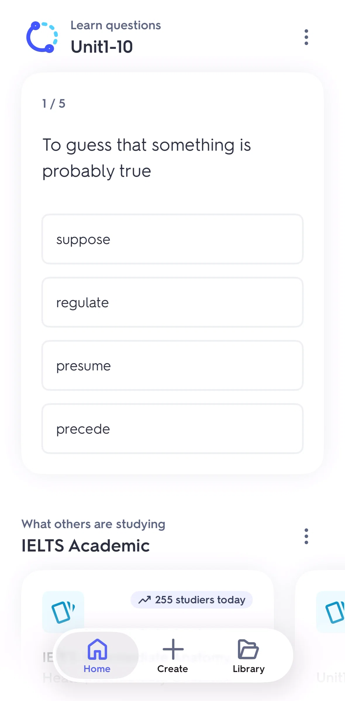 Quizlet Screen screen in the Completing a quiz flow