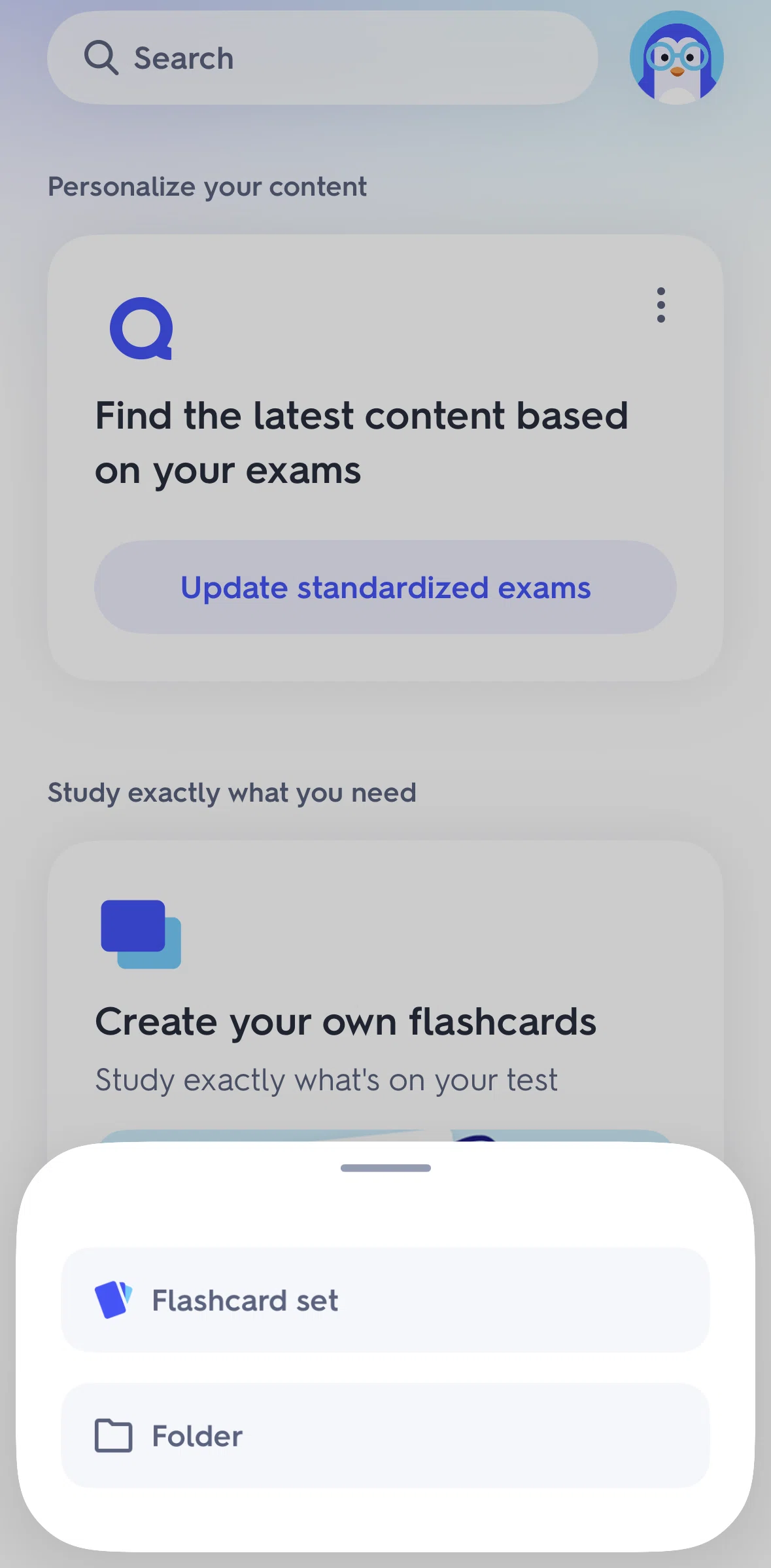Quizlet Screen screen in the Creating a folder flow