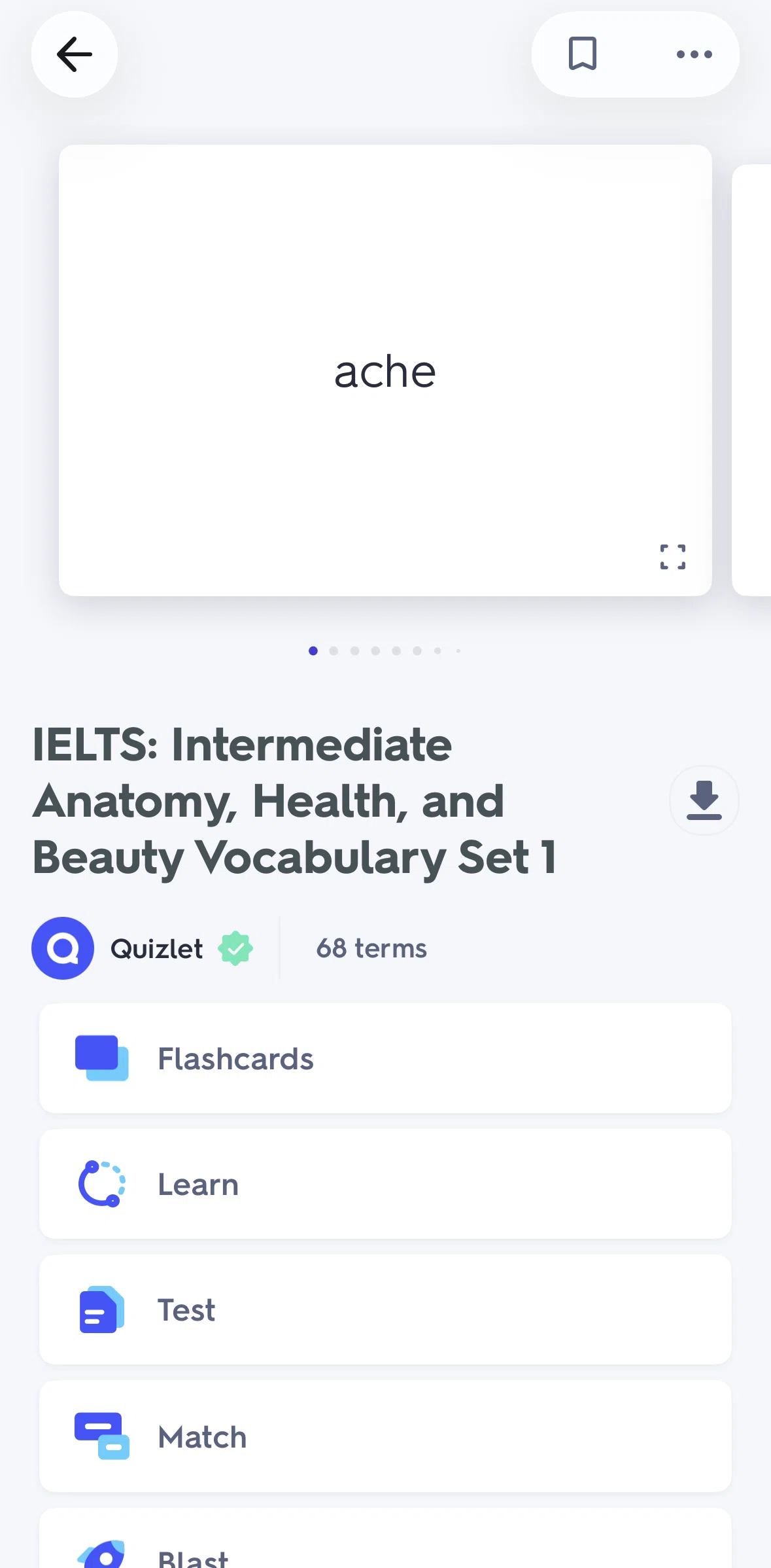 Quizlet Screen screen in the Downloading a flashcard set flow