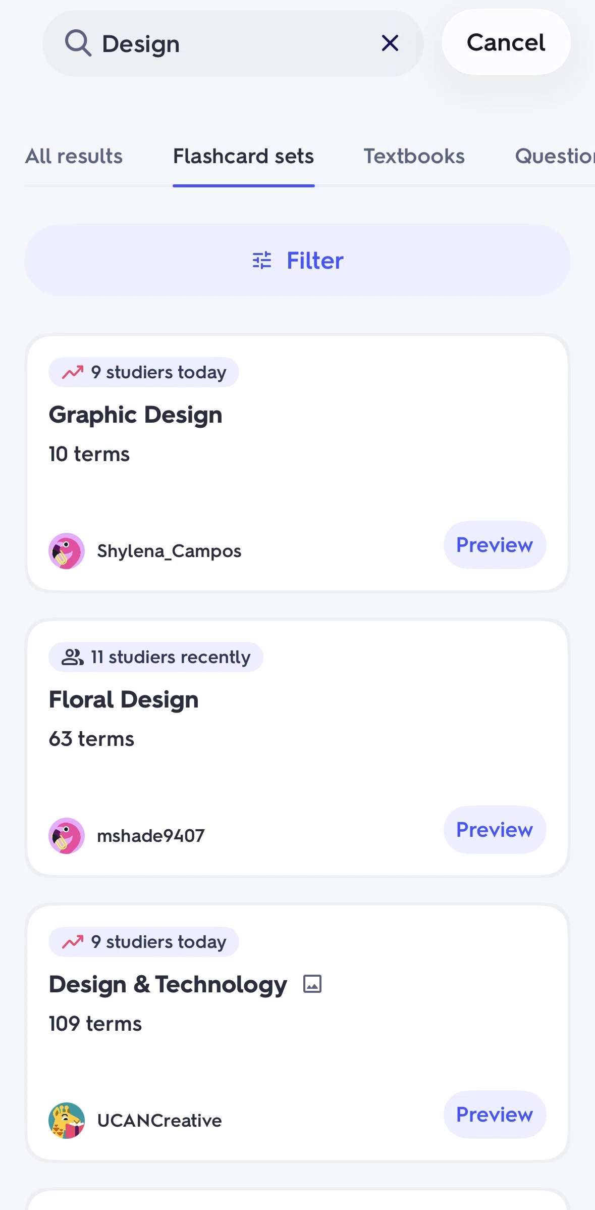Quizlet Screen screen in the Filtering results flow