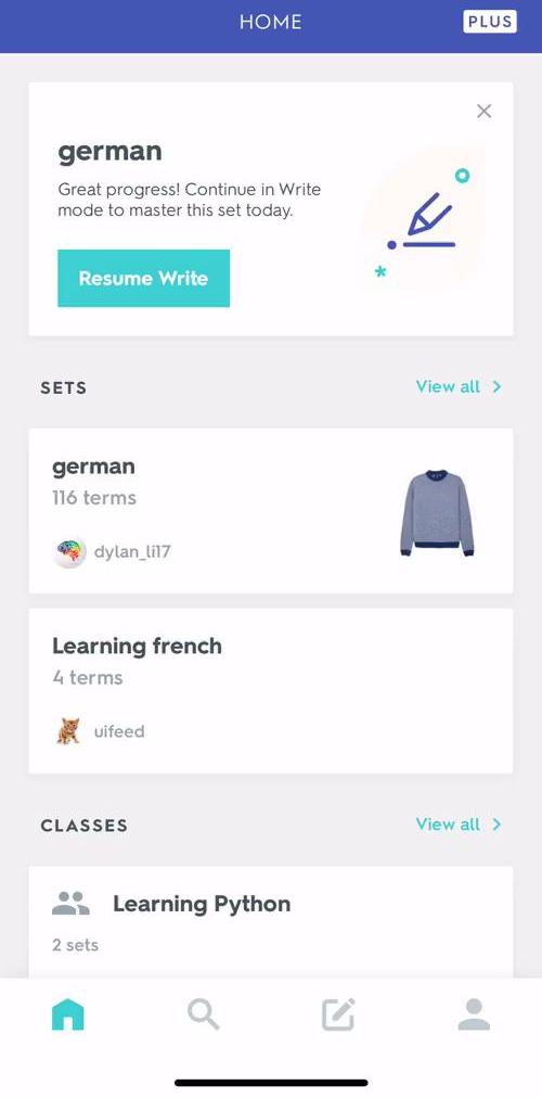 Quizlet Dashboard screen in the Learning flow