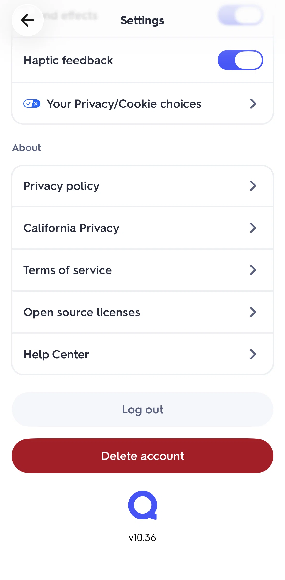 Quizlet Screen screen in the Logging out flow