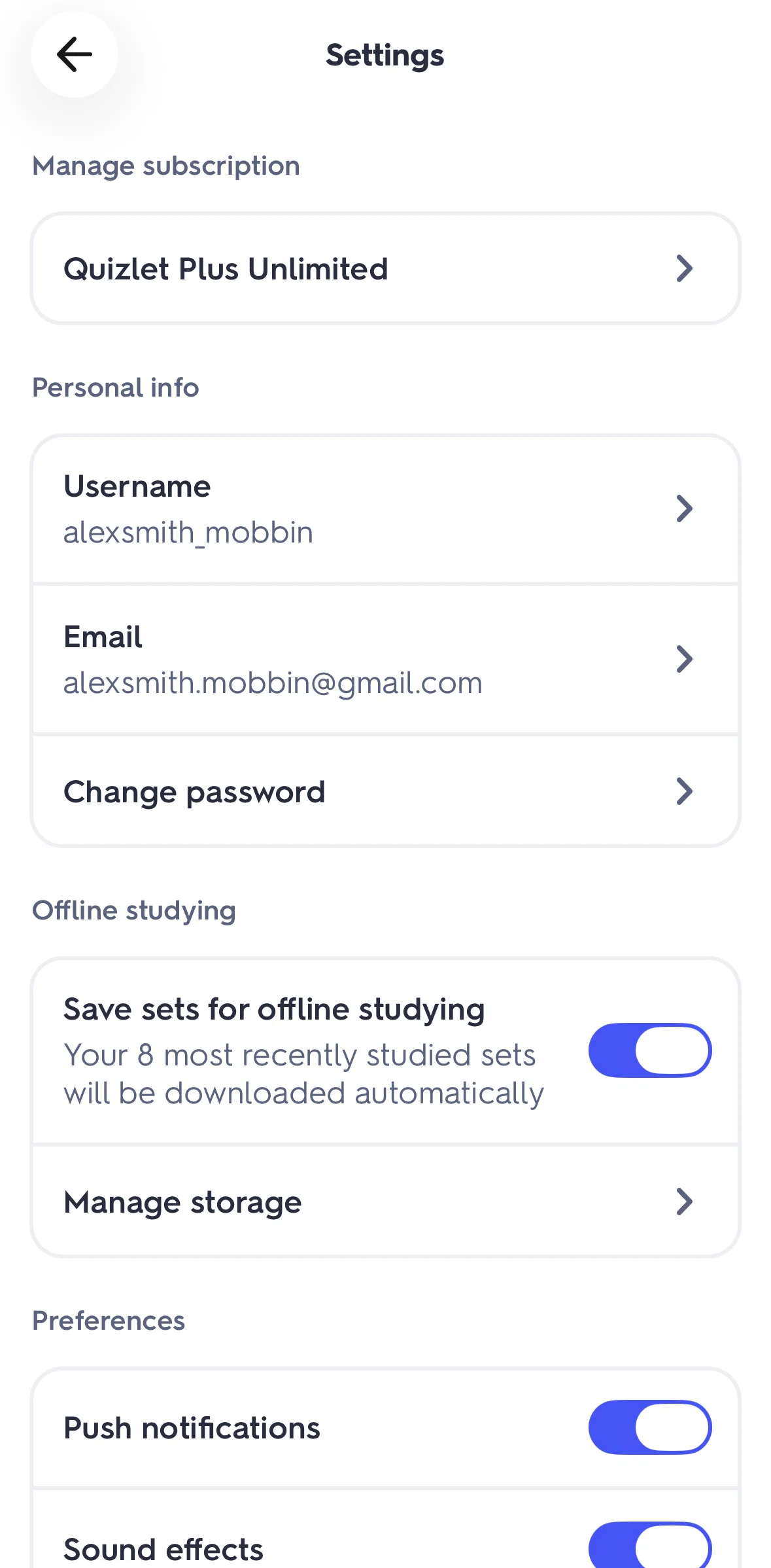 Quizlet Screen screen in the Manage storage flow