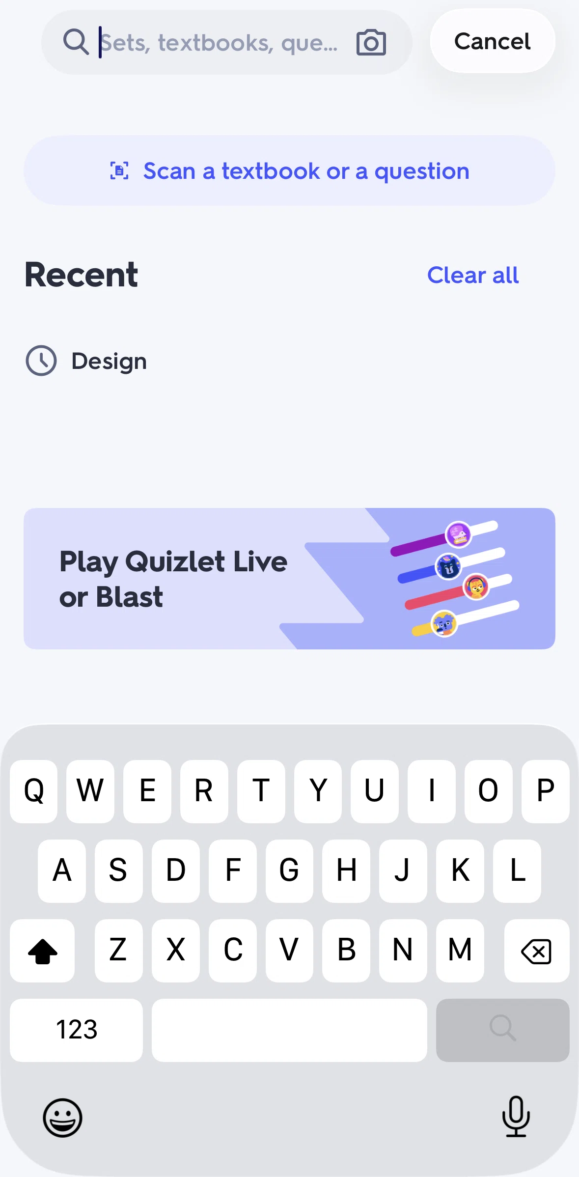 Quizlet Screen screen in the Scan a QR code flow