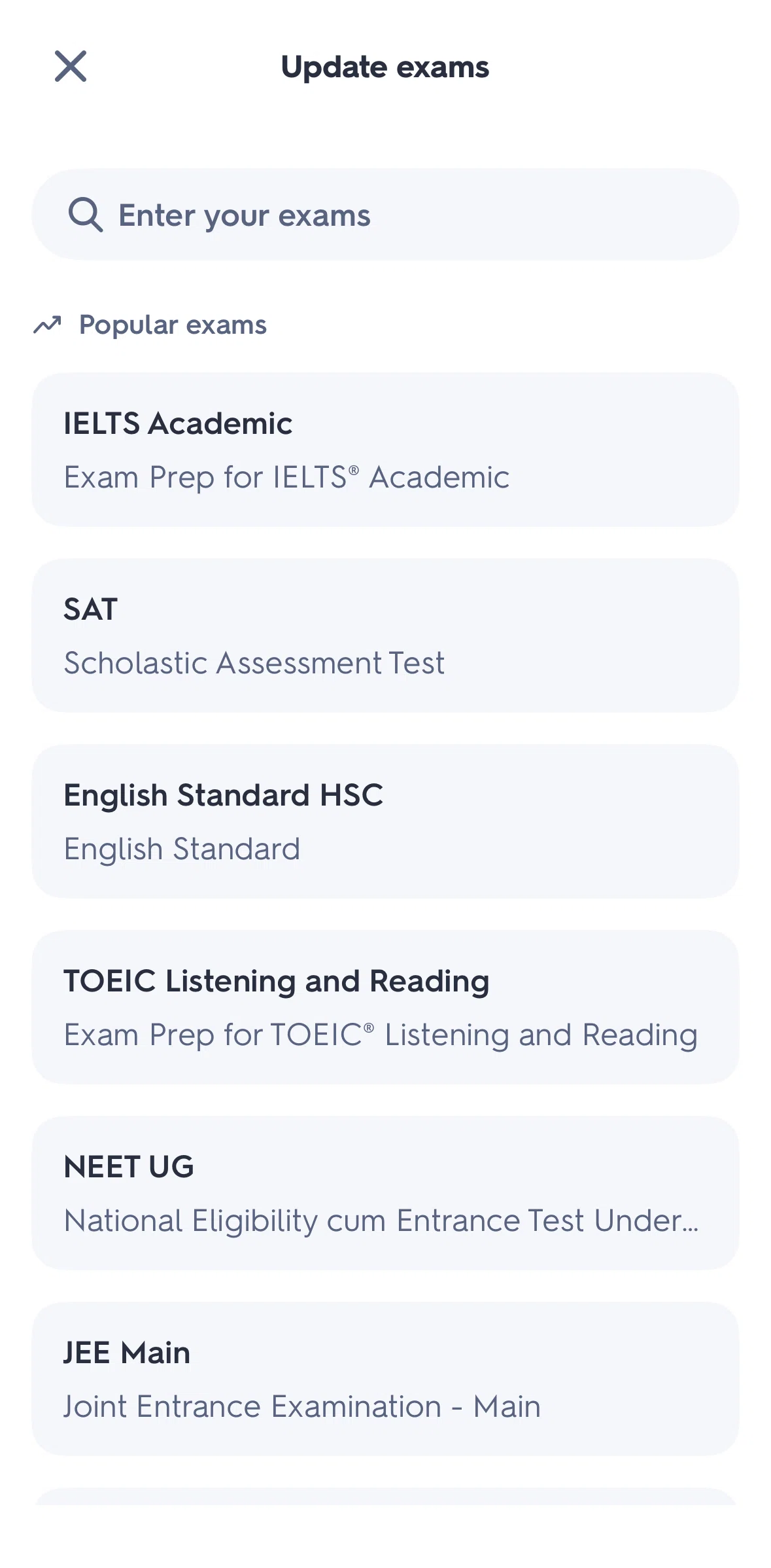 Quizlet Screen screen in the Searching exams flow