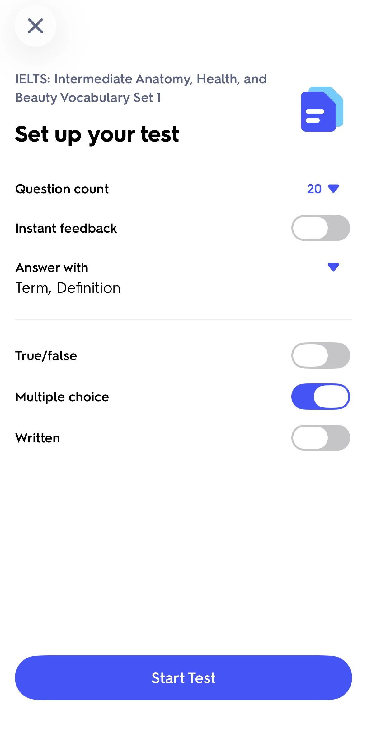 Quizlet Screen screen in the Setting up a test flow