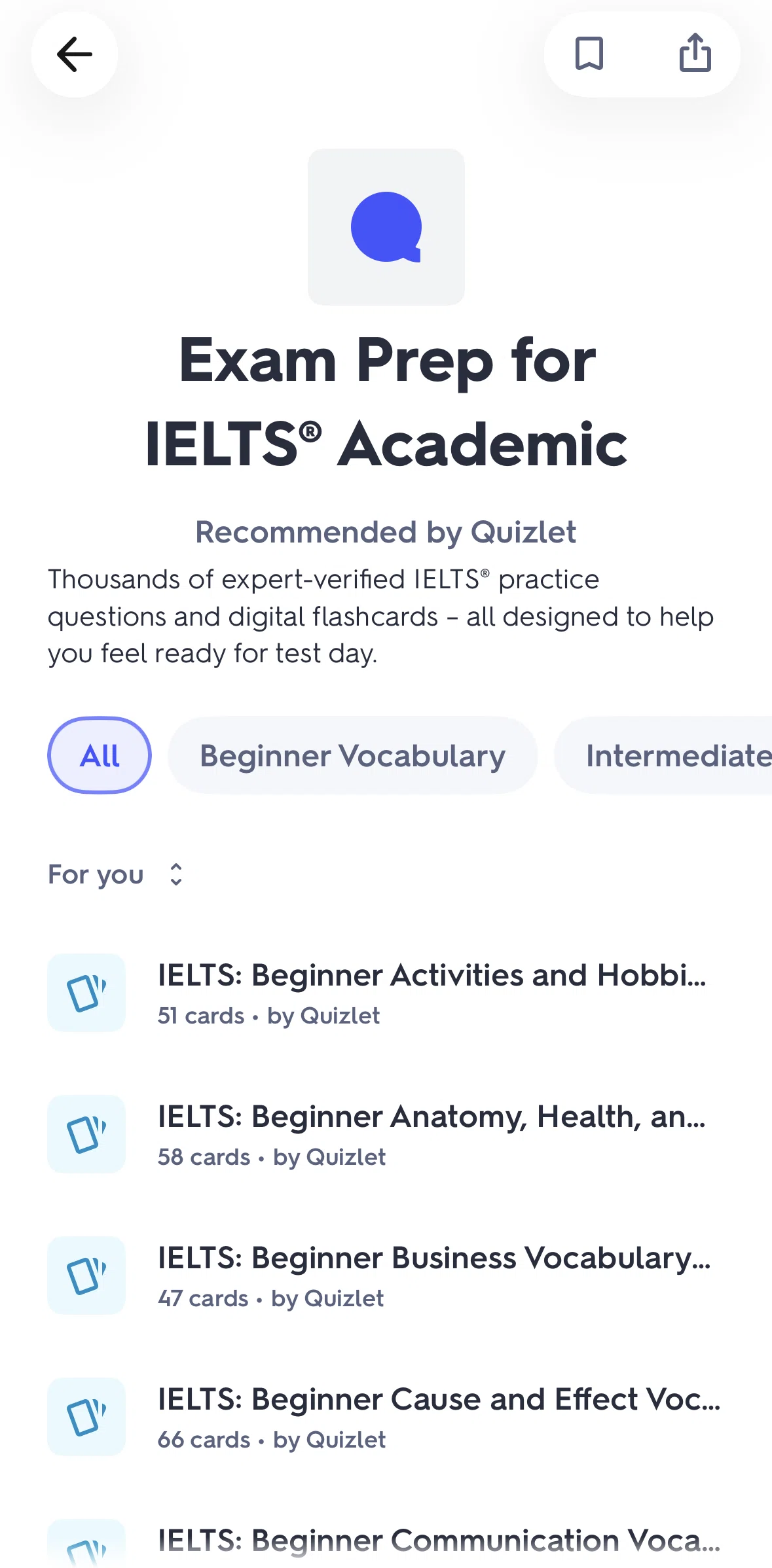 Quizlet Screen screen in the Sorting flashcard sets (folder) flow