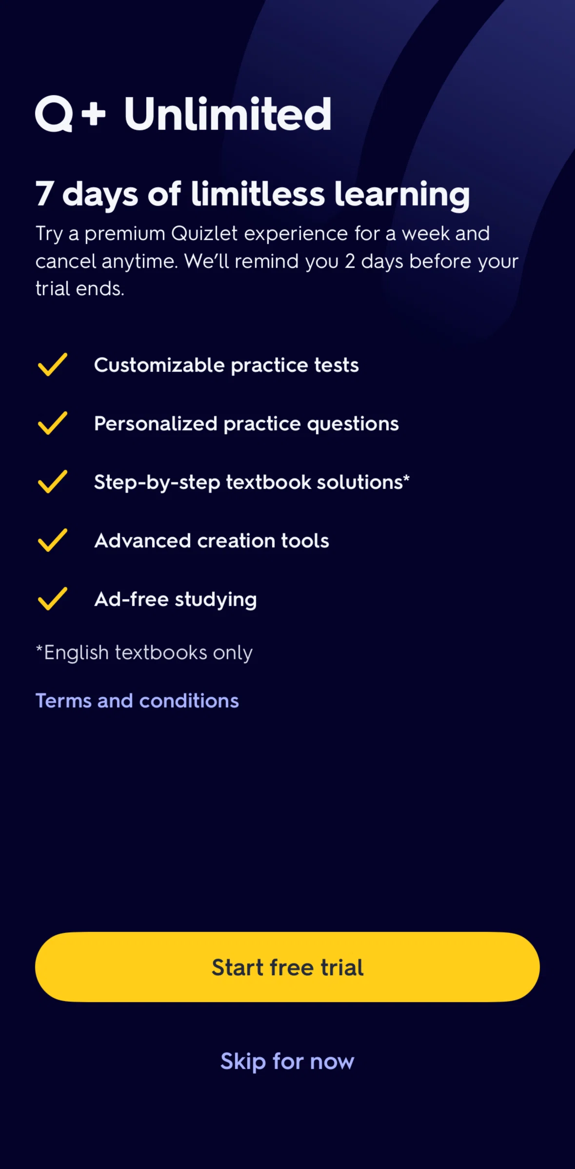 Quizlet Screen screen in the Subscribing to Quizlet Plus flow