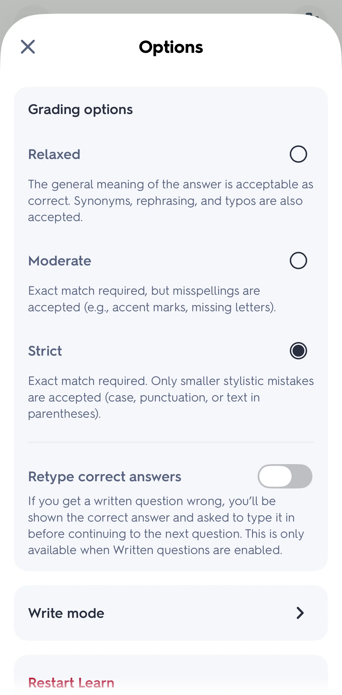 Quizlet Screen screen in the Switching to write mode flow
