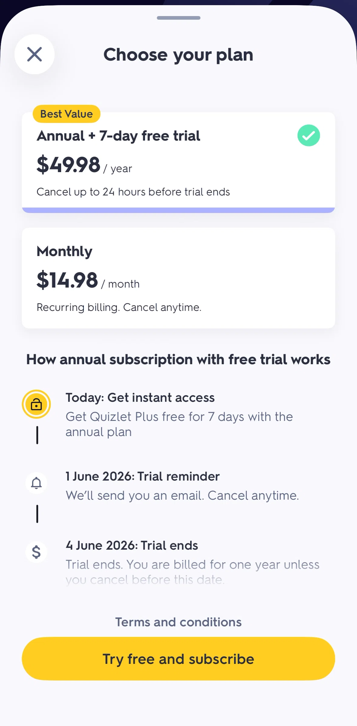Quizlet Screen screen in the Terms & conditions flow