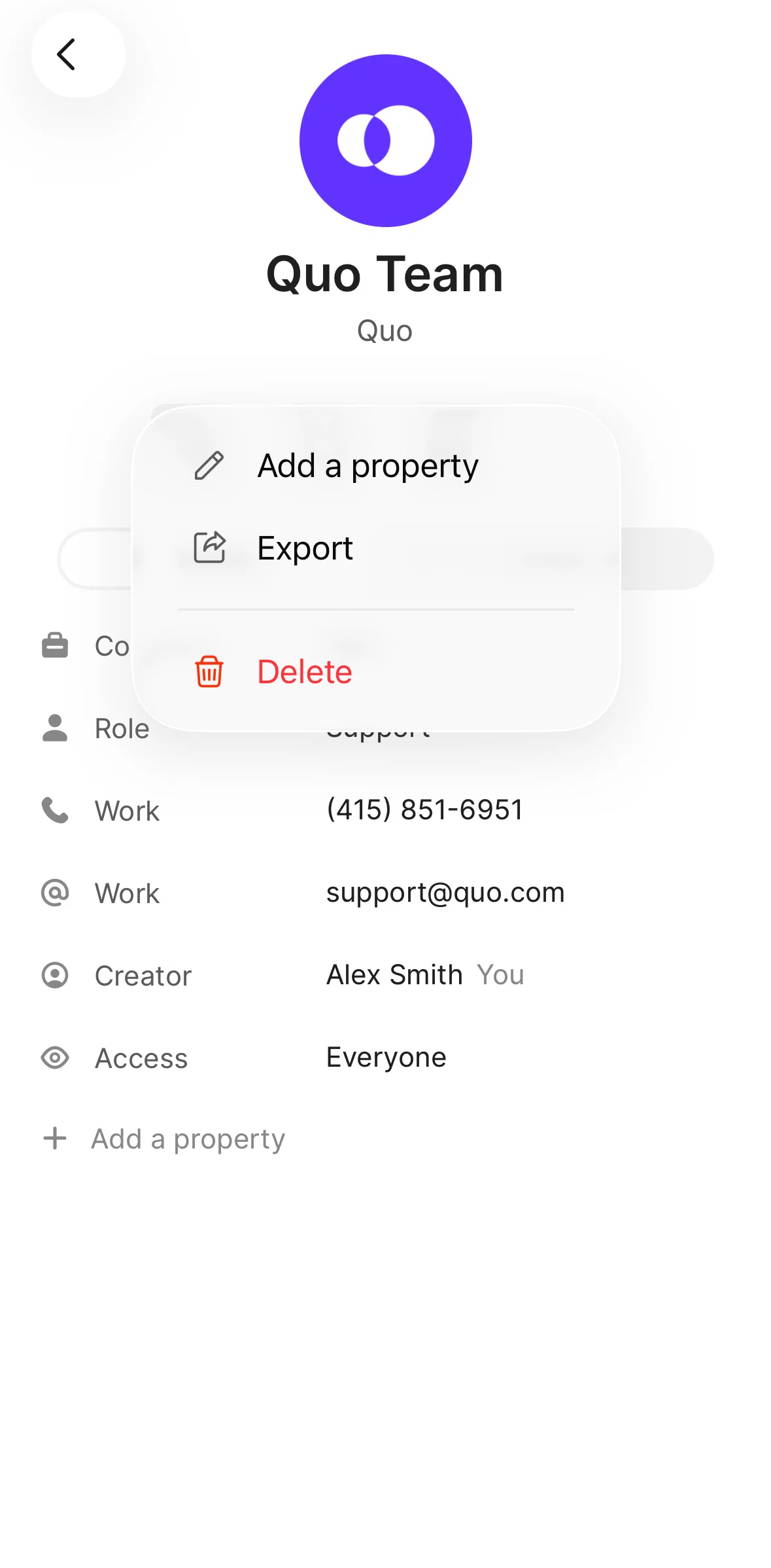 Quo Screen screen in the Deleting a contact flow