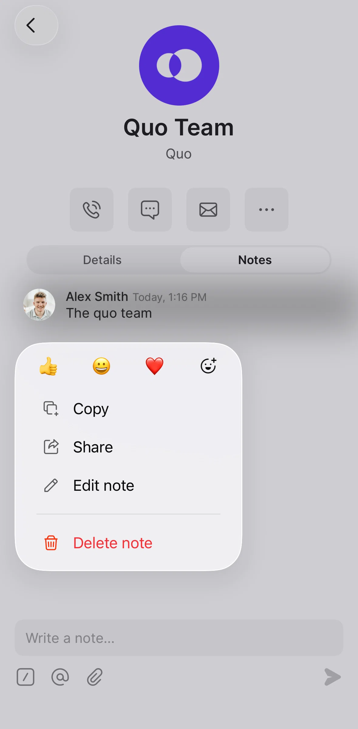 Quo Screen screen in the Editing a note flow