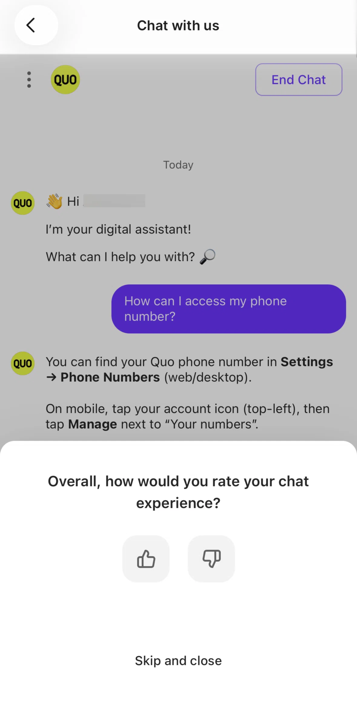 Quo Screen screen in the Giving a feedback flow
