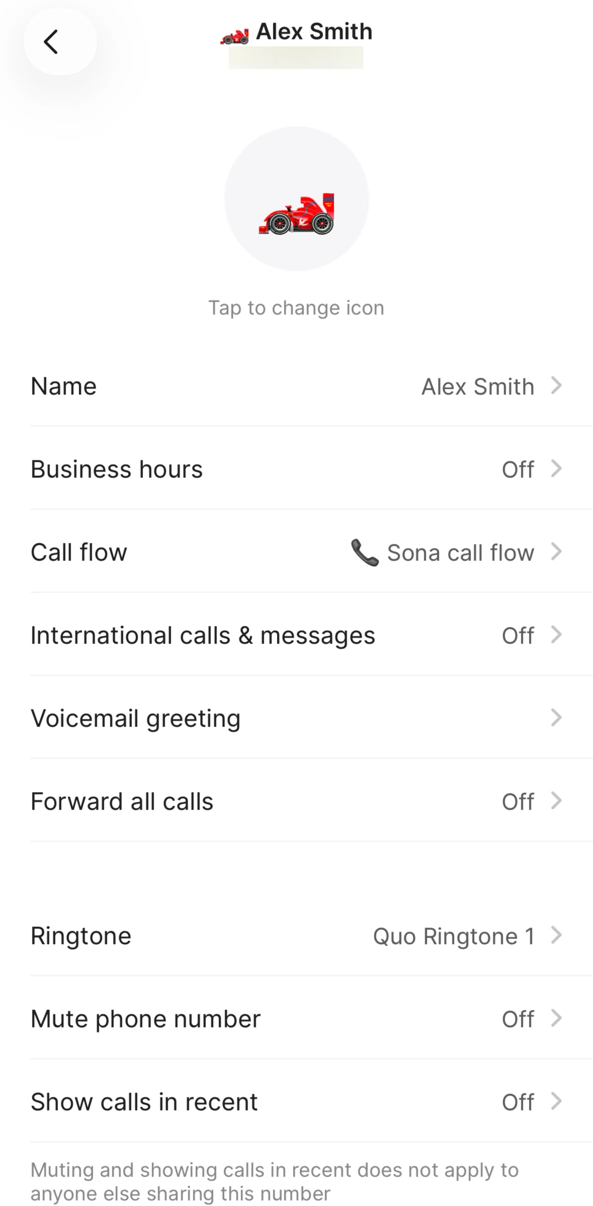 Quo Screen screen in the Muting a phone number flow
