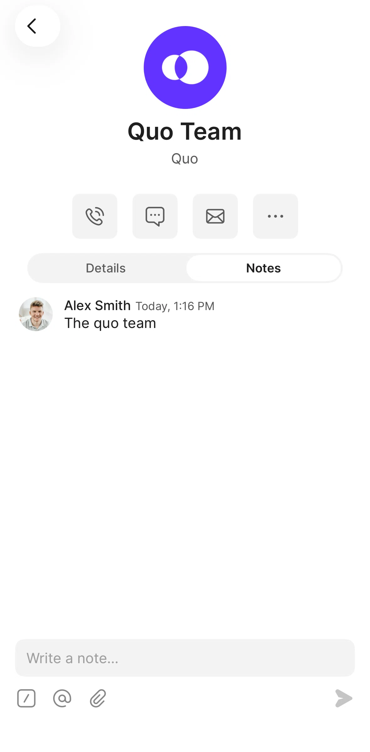 Quo Screen screen in the Reacting to a note flow