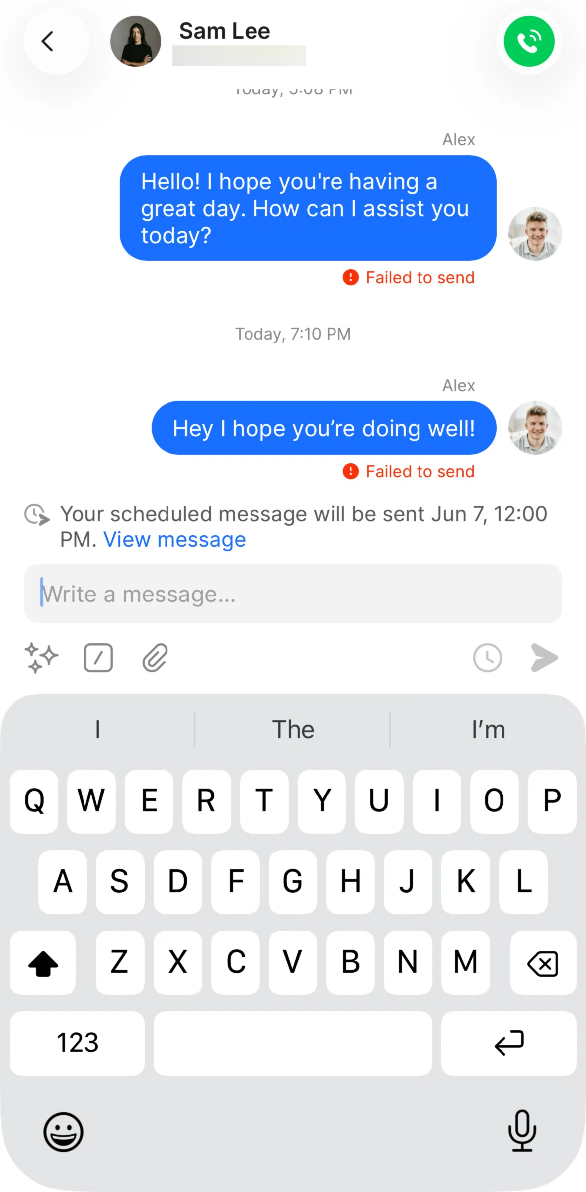 Quo Screen screen in the Scheduled messages detail flow
