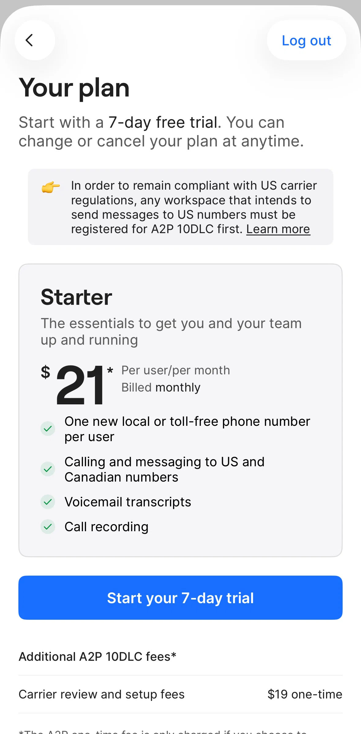 Quo Screen screen in the Subscribing to Quo Starter flow