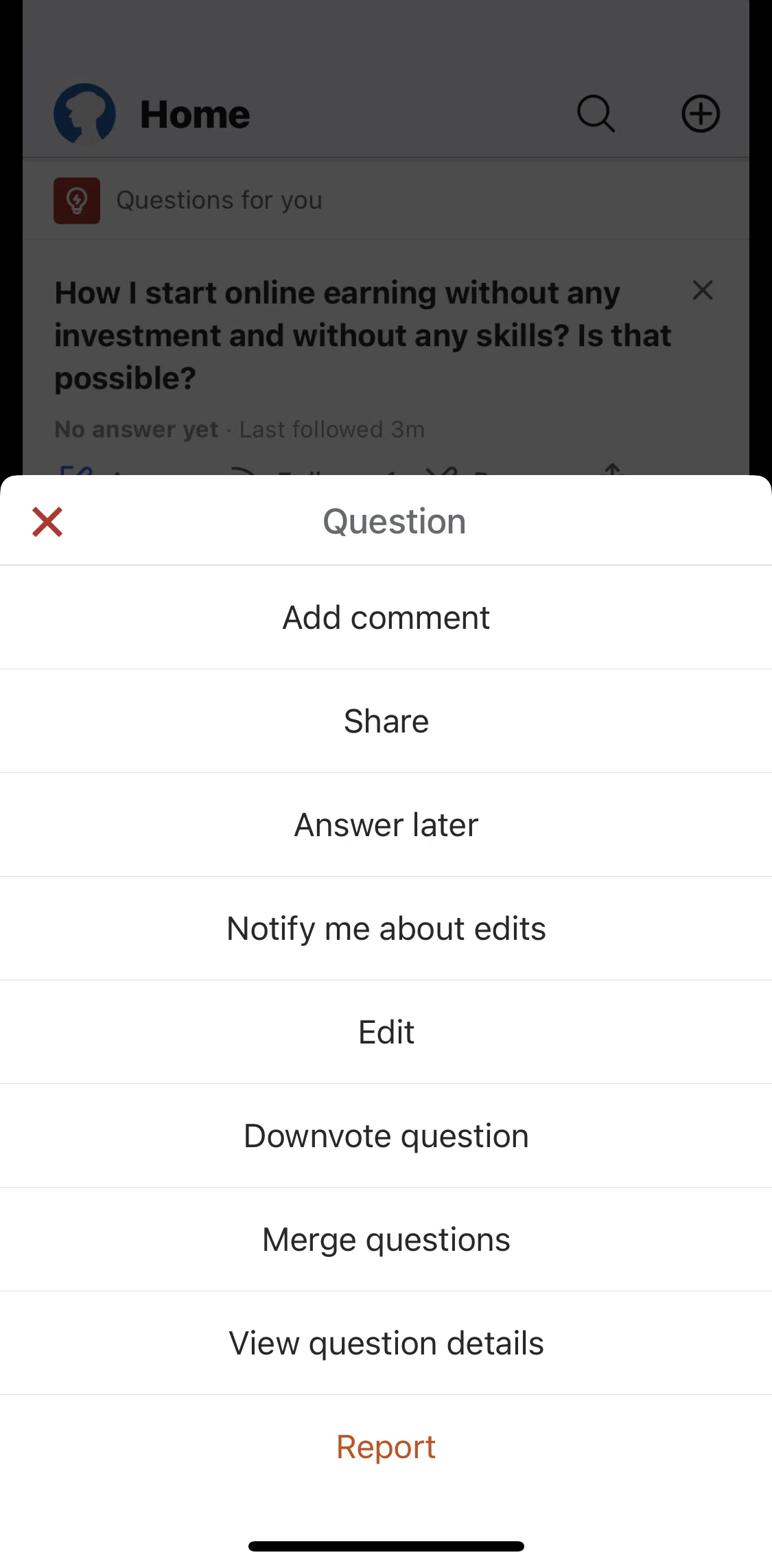 Quora Screen screen in the Adding a comment (question) flow