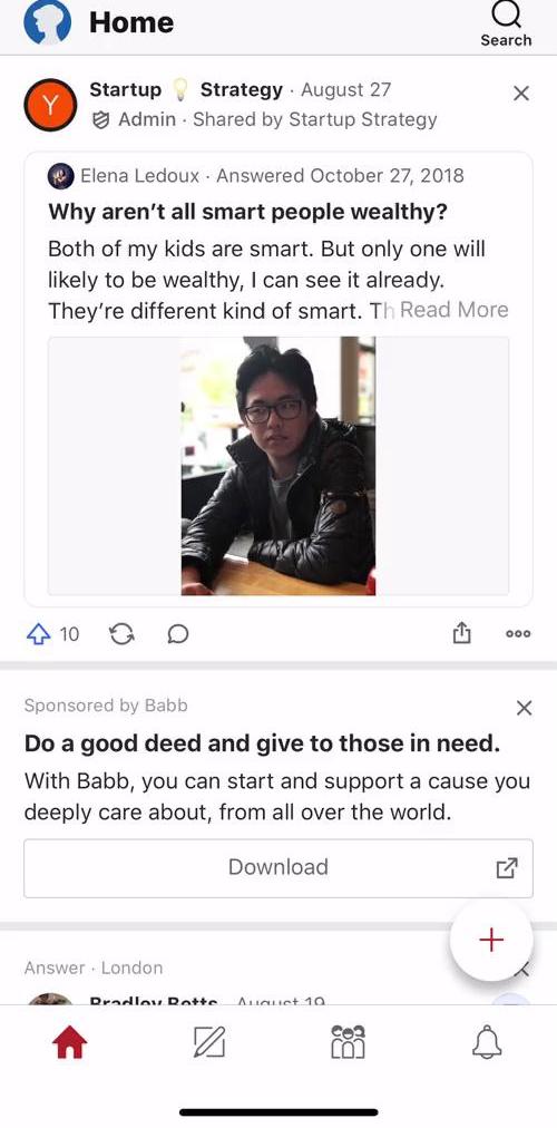 Quora Home feed screen in the Discovering Content flow