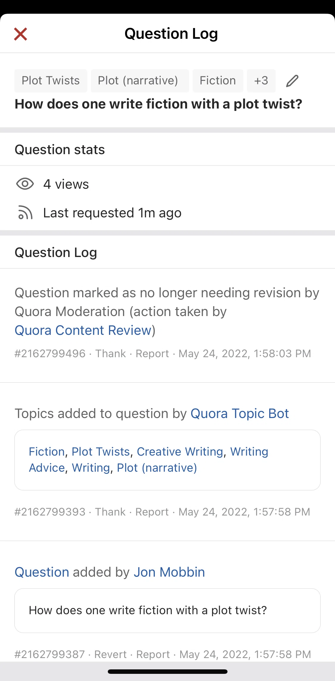 Quora Screen screen in the Editing topics flow