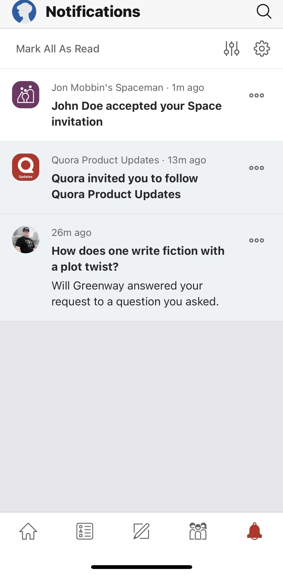 Quora Screen screen in the Filtering notifications flow