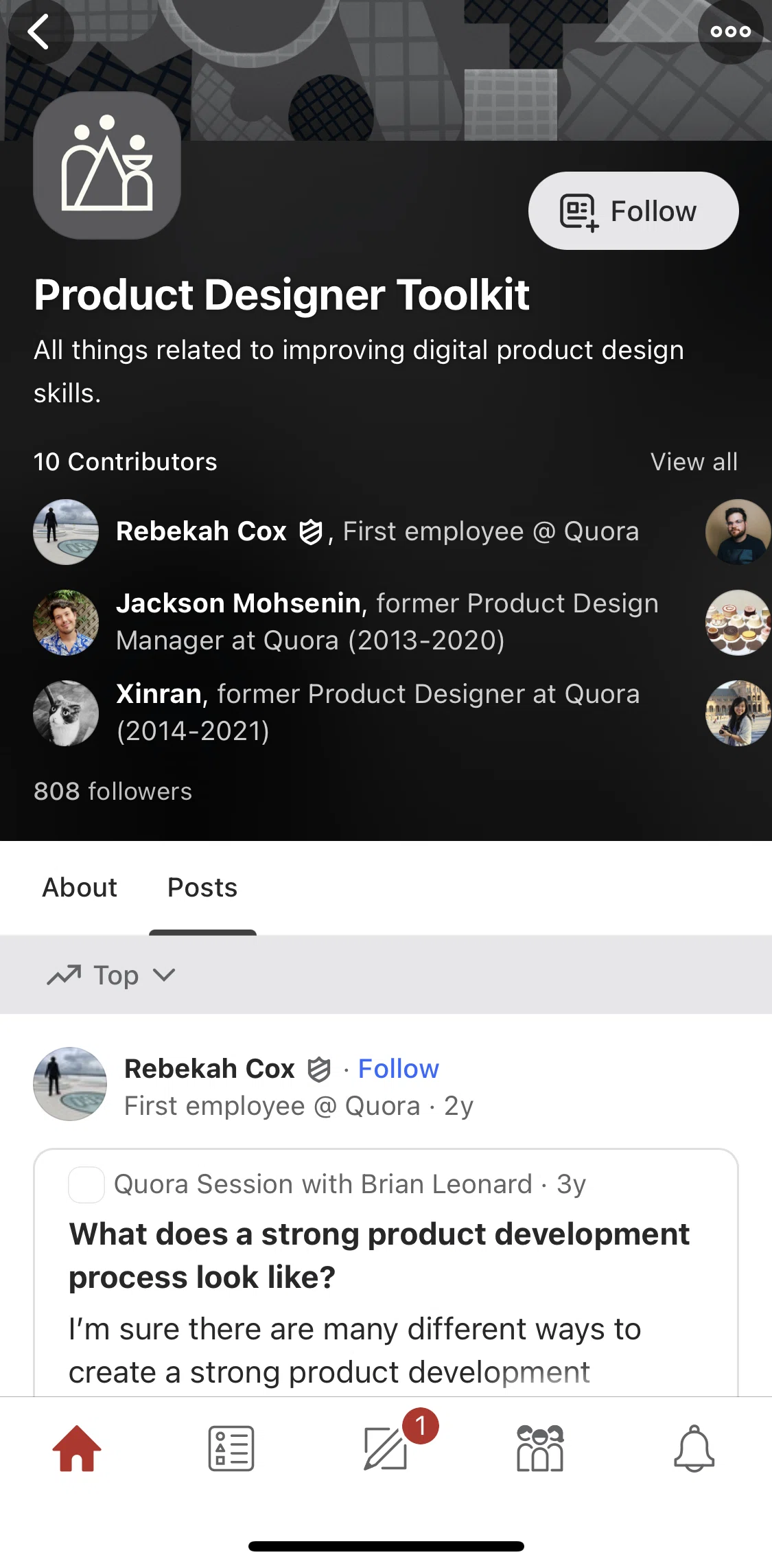 Quora Screen screen in the Following a Space flow