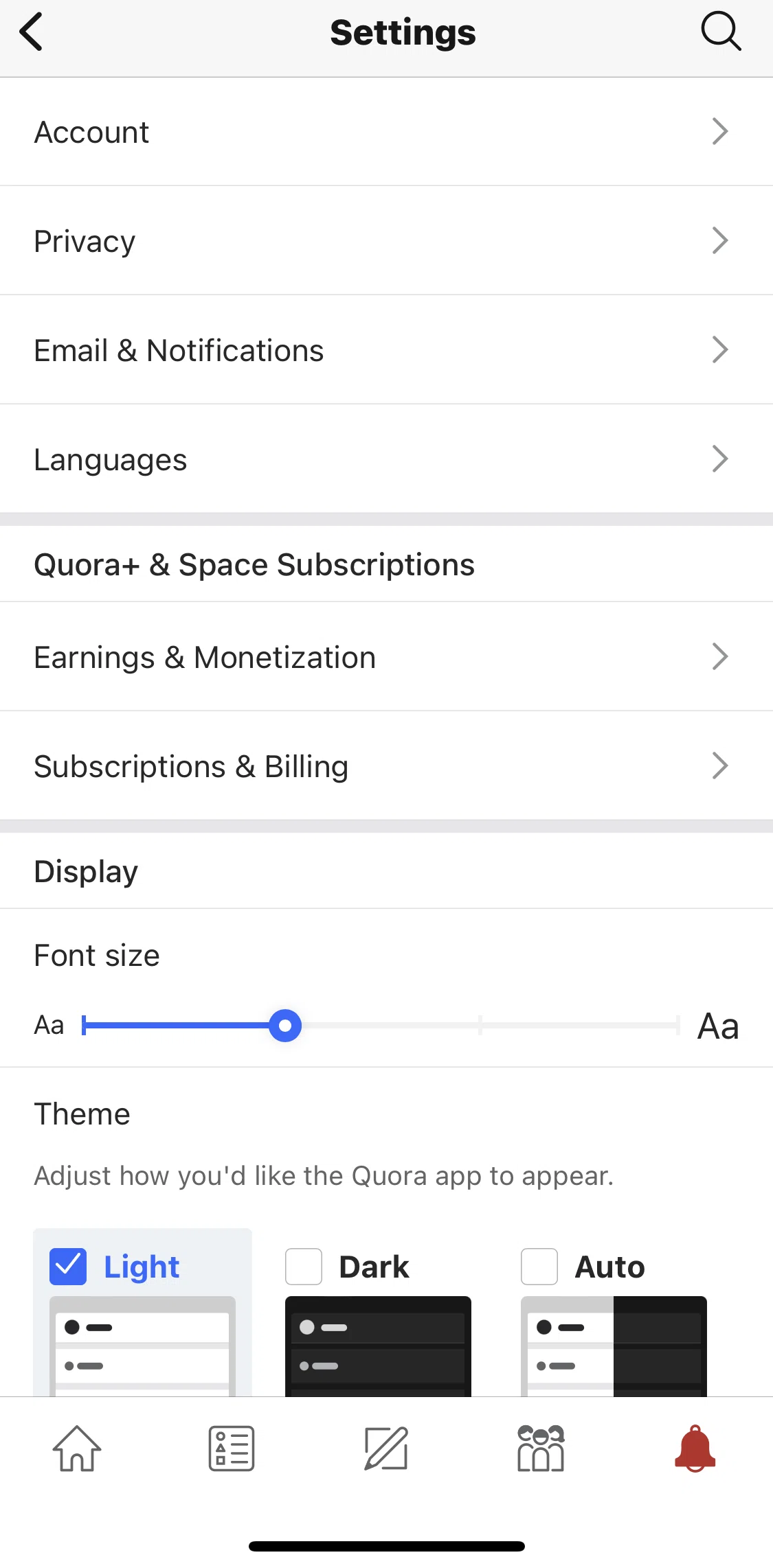 Quora Screen screen in the Privacy settings flow