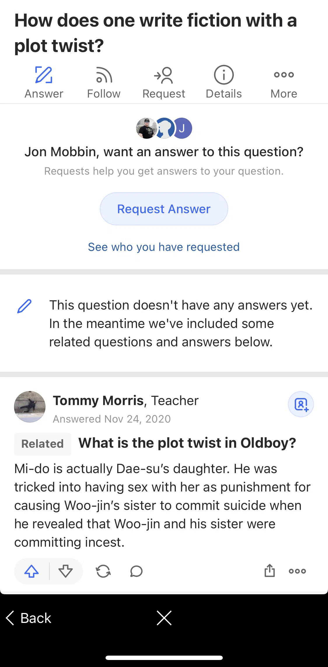 Quora Screen screen in the Requesting answers flow