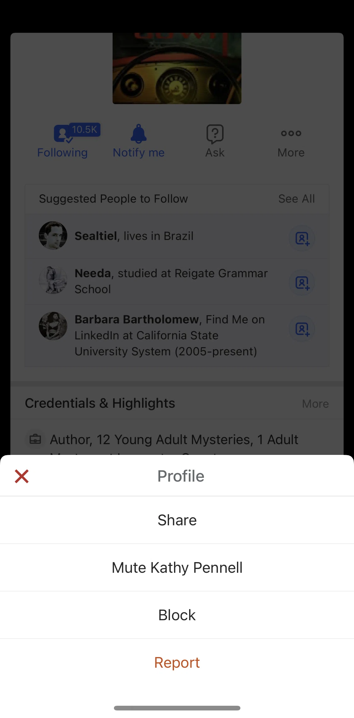 Quora Screen screen in the Sharing user profile flow