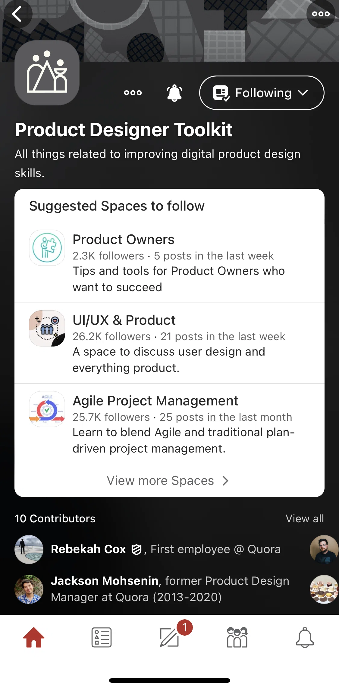 Quora Screen screen in the Space options flow
