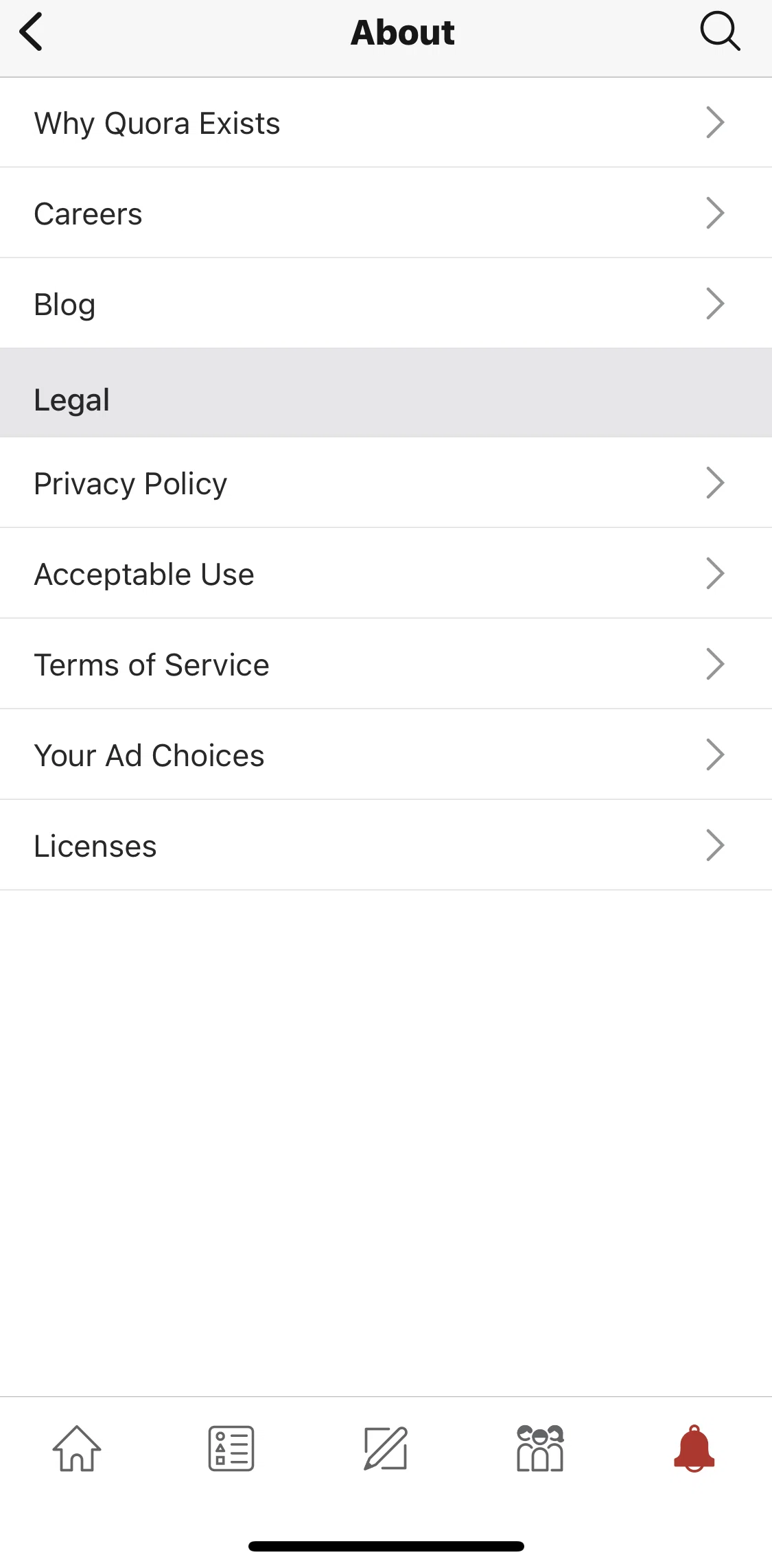 Quora Screen screen in the Terms of service flow